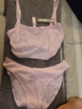 SKIMS Baby Pink Sweater Pointelle Bralette Sz M. Panty Sz L